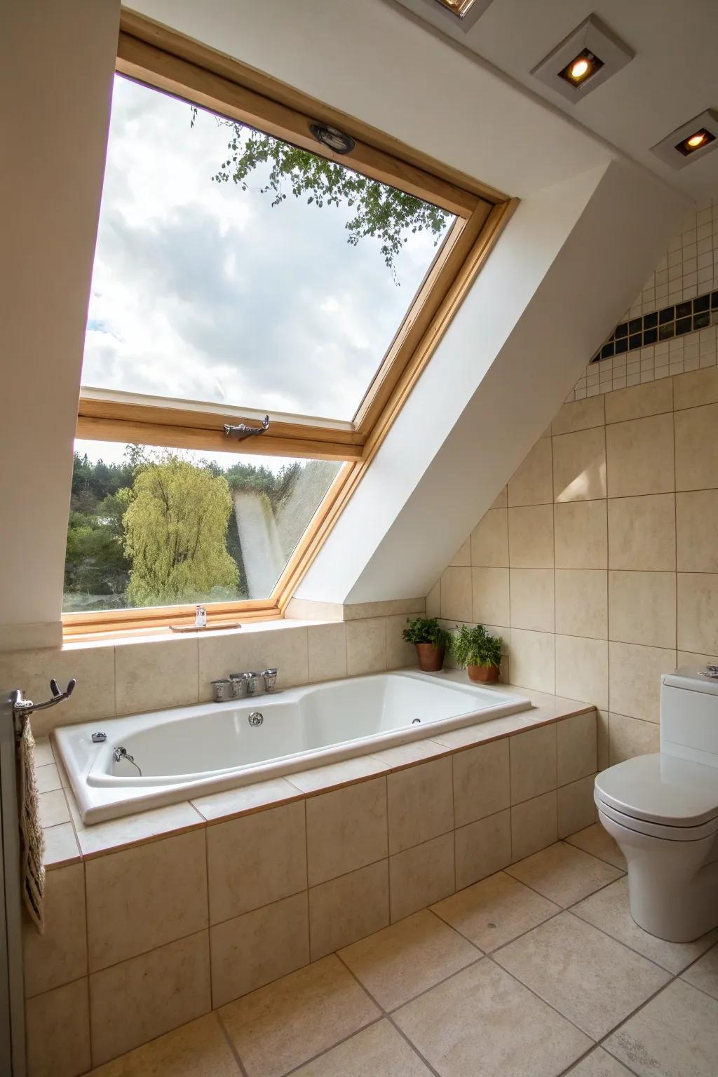 A skylight can bring a sense of openness and natural light to a small bathroom.