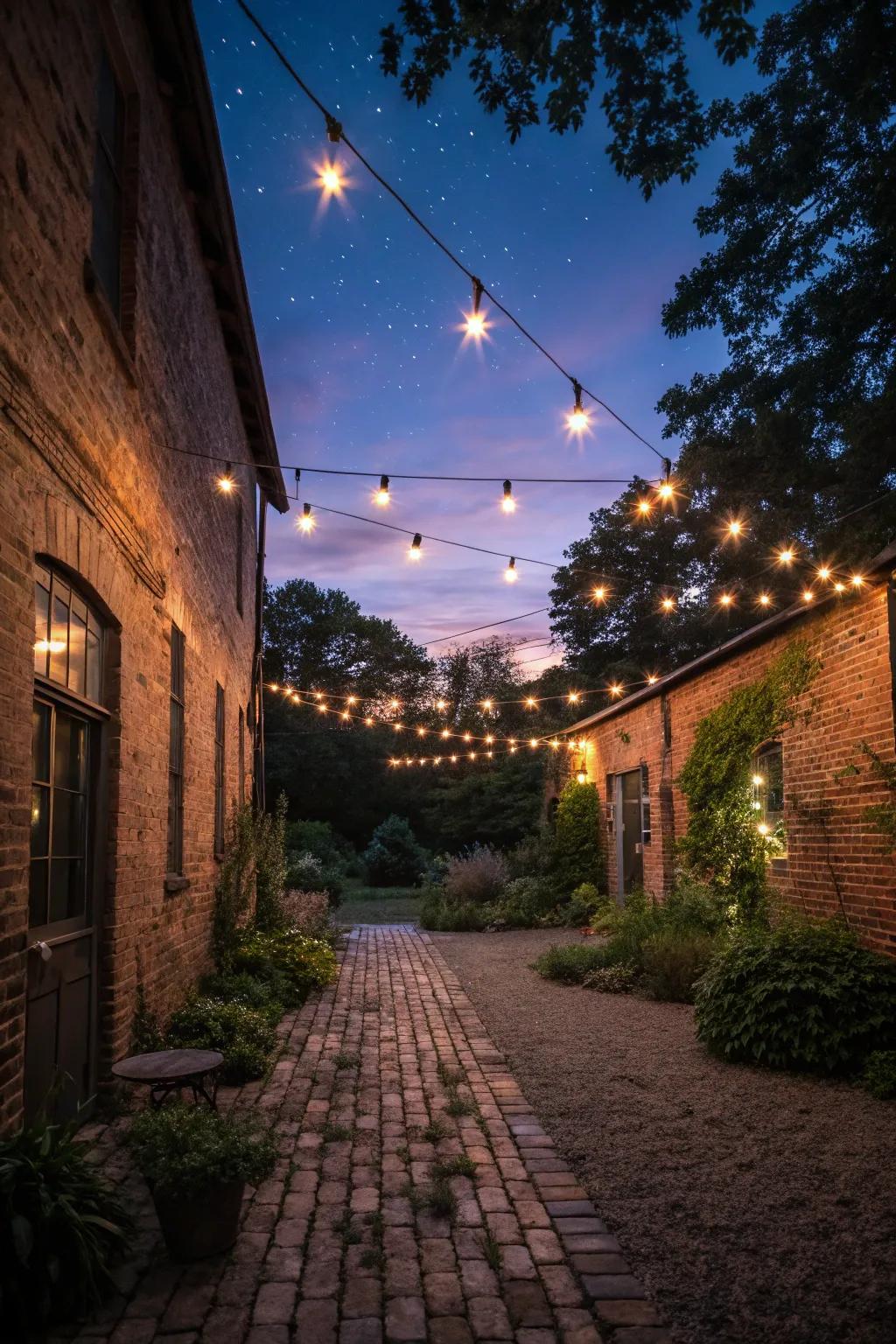 A small courtyard illuminated by hanging string lights during twilight.