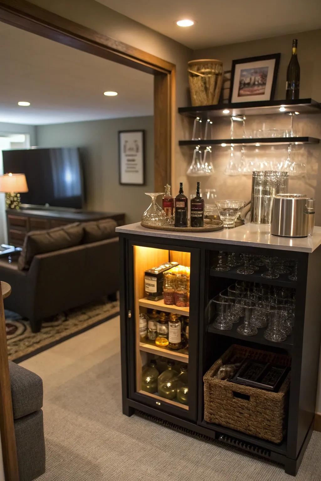 A mini bar adds a luxurious touch to your man cave.