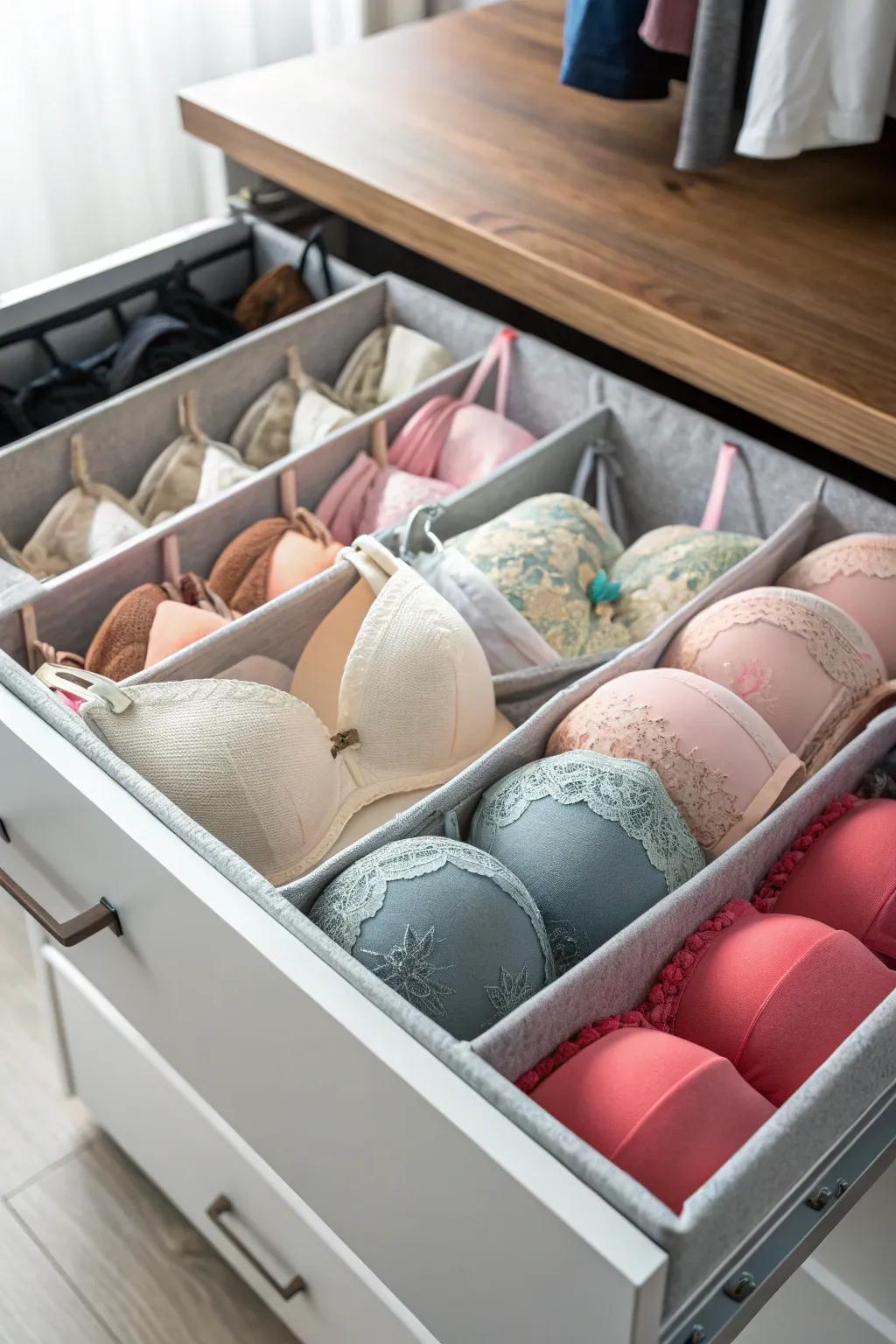 Dividers help in categorizing and organizing bras efficiently.