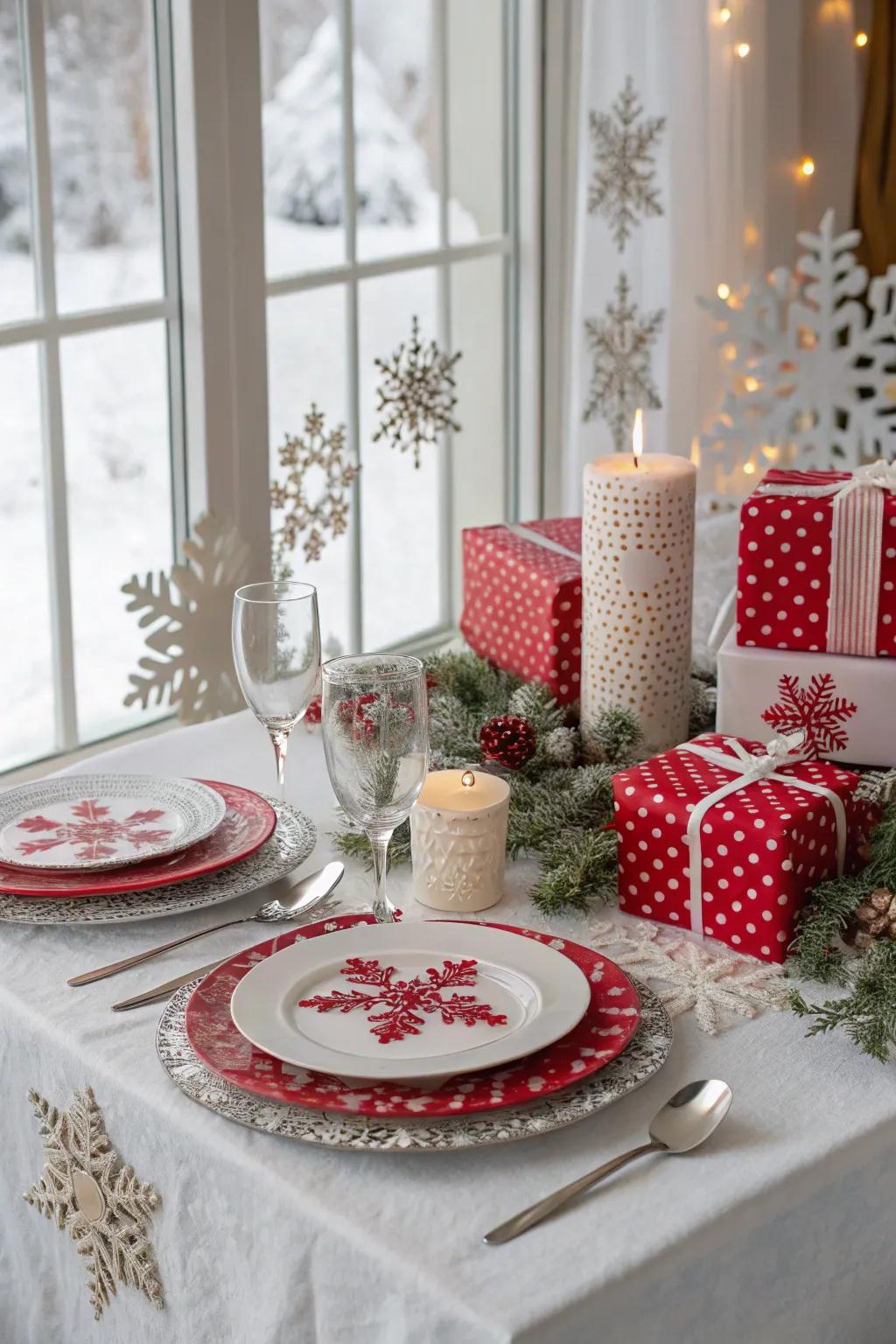 Snowflake accents create a magical winter wonderland on the table.