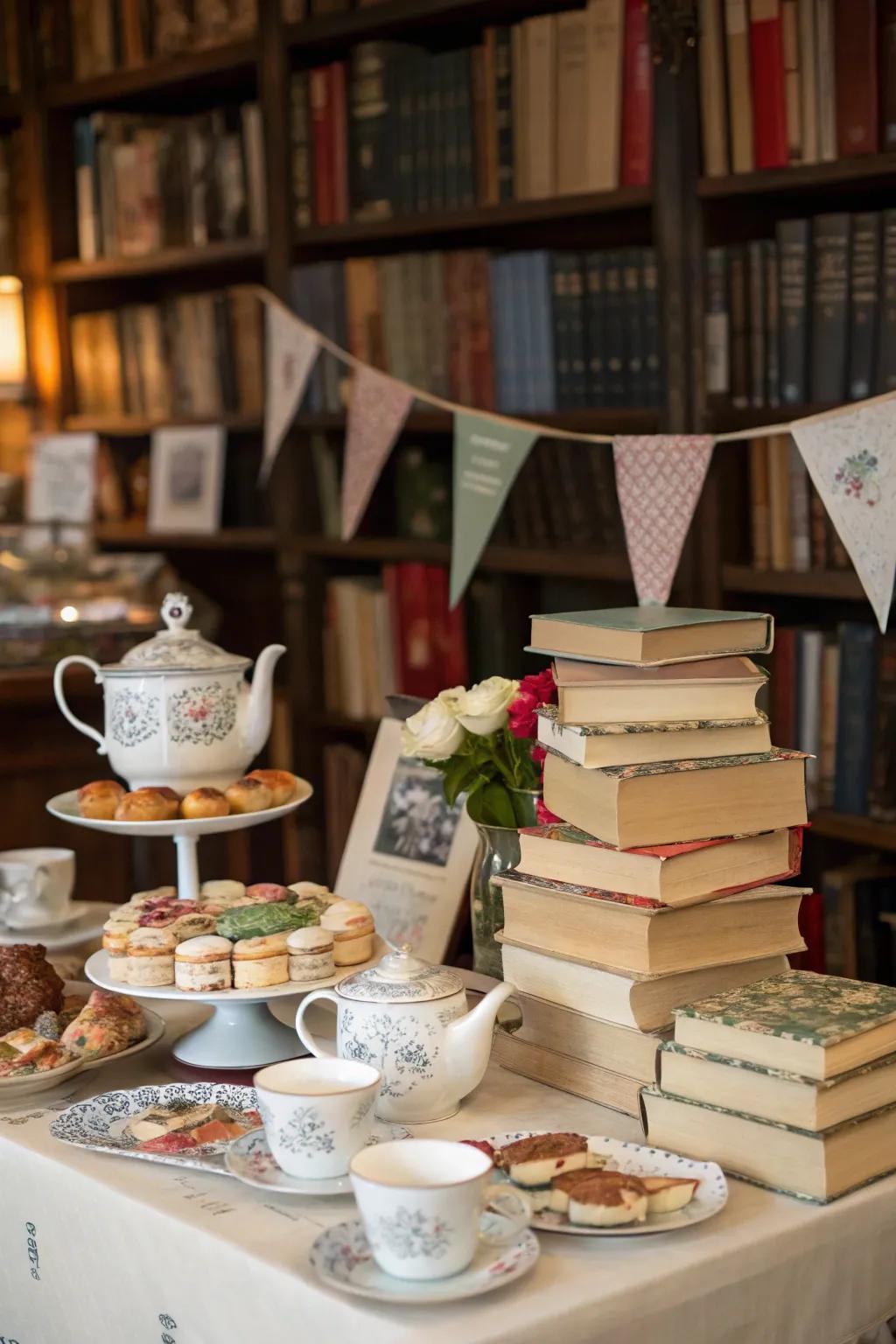 Book-themed tea party with literary decor.