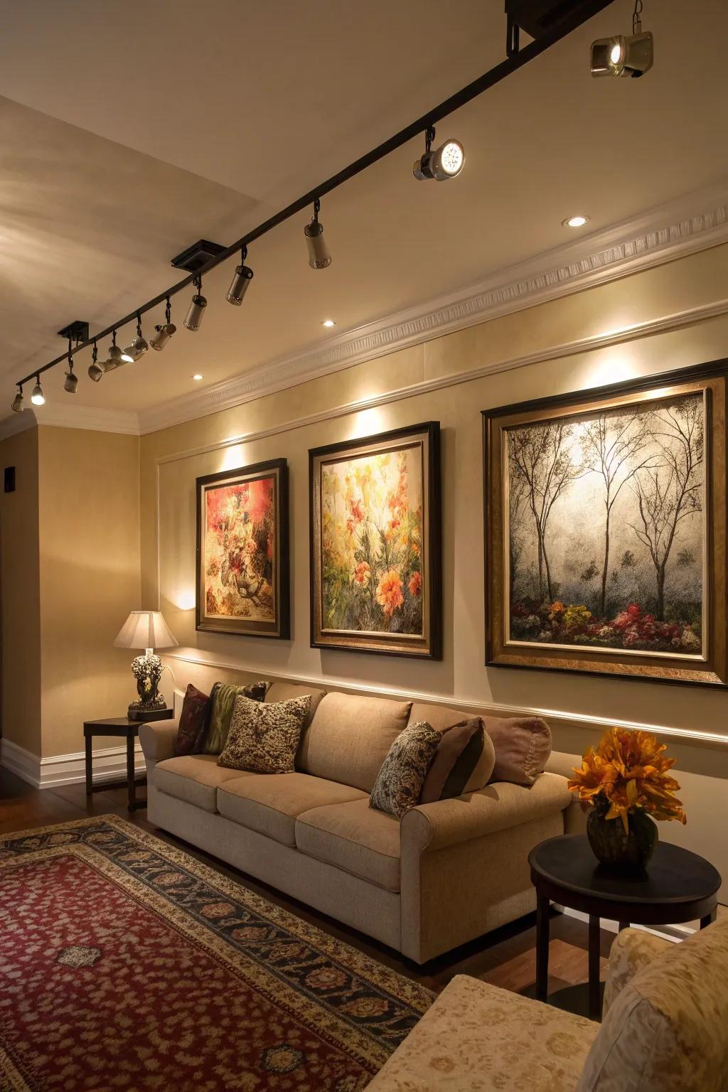 Transitional track lighting accentuates art pieces in a living room.