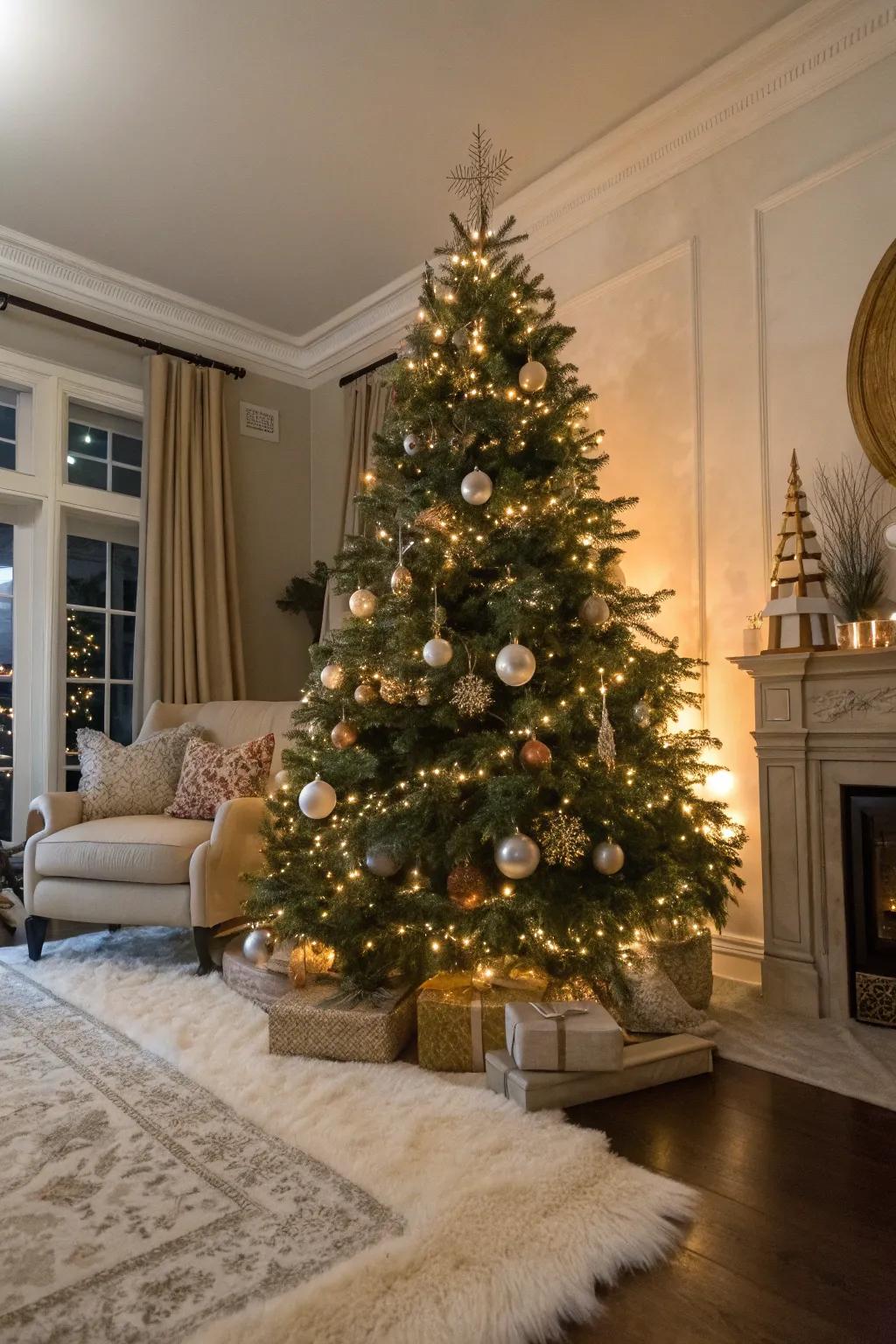 A faux fur rug adds a touch of luxury and mimics snow under the tree.