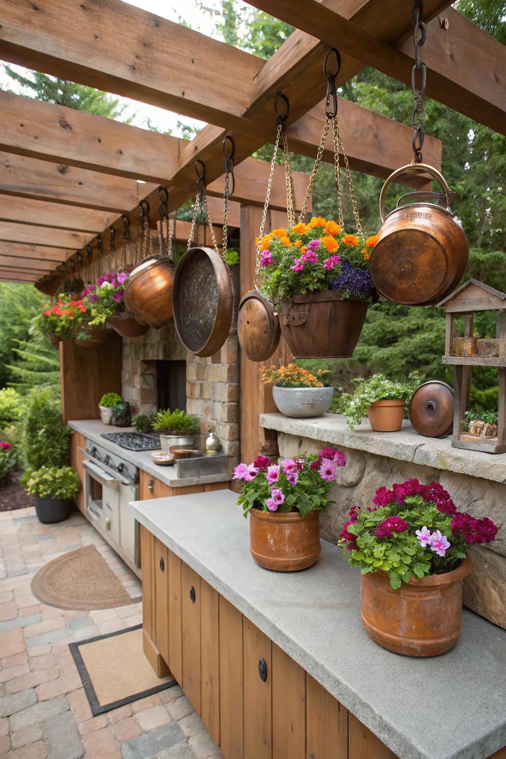 Antique kitchenware adds a playful twist to garden decor.