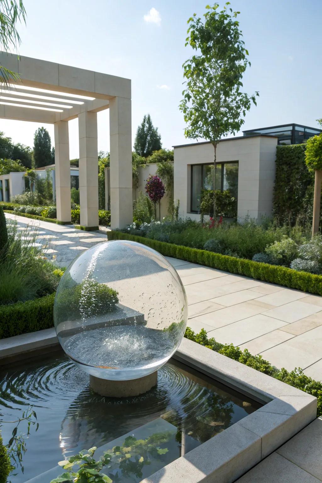 A water sphere sculpture brings a modern touch to garden design.