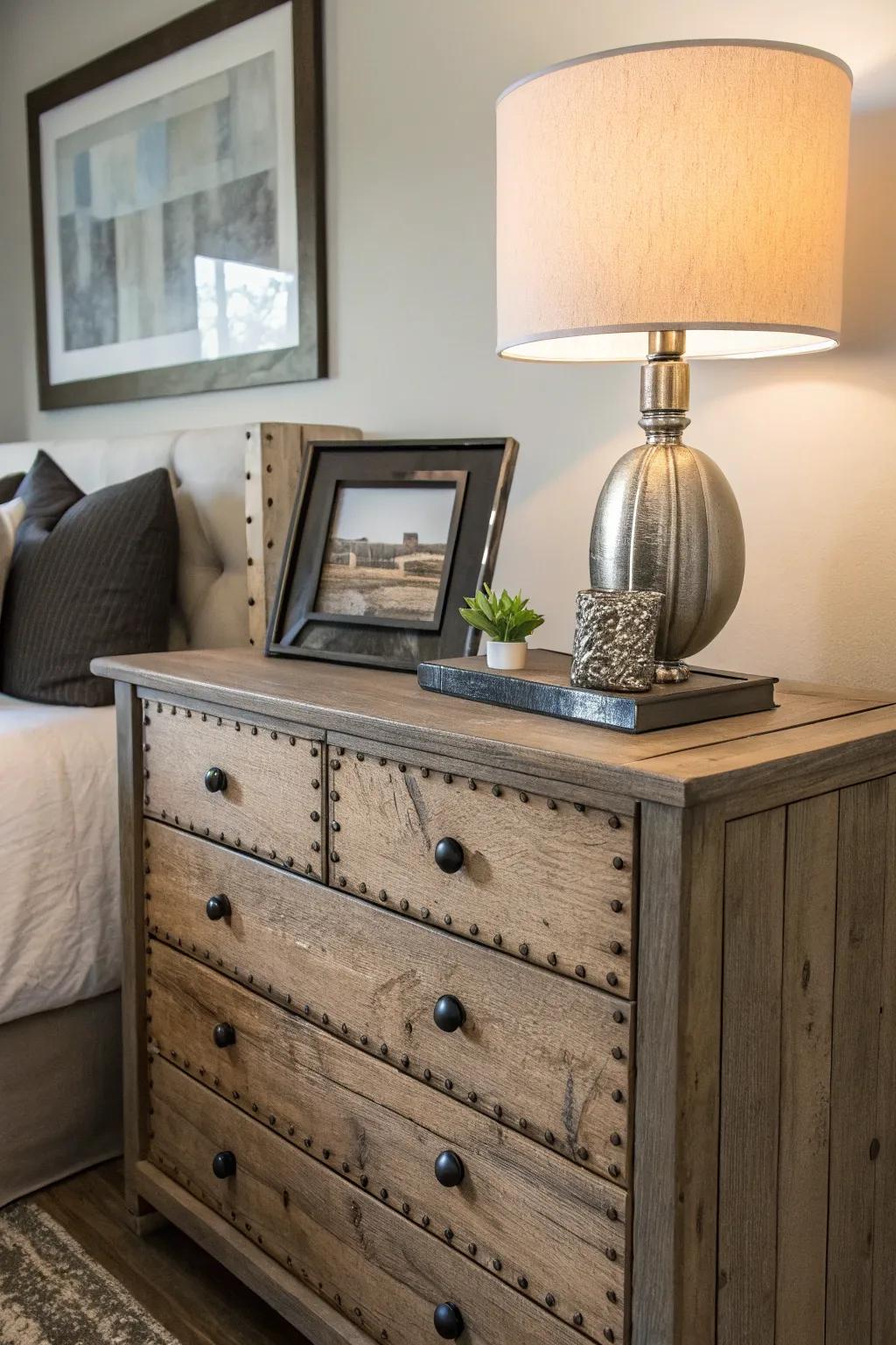 Mixing styles with a rustic dresser and modern decor creates an eclectic look.