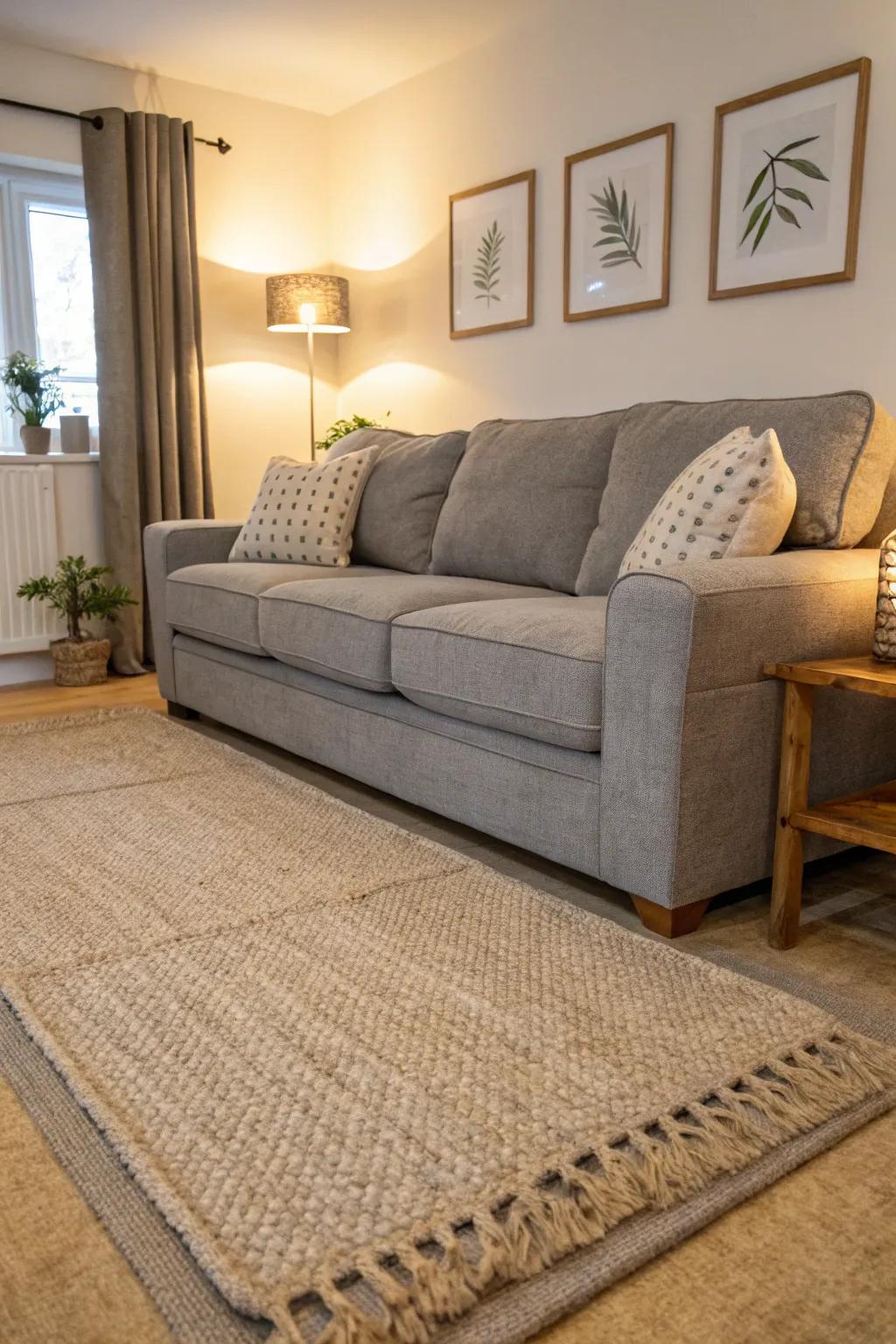 Beige rugs provide a subtle, elegant backdrop for a grey couch.