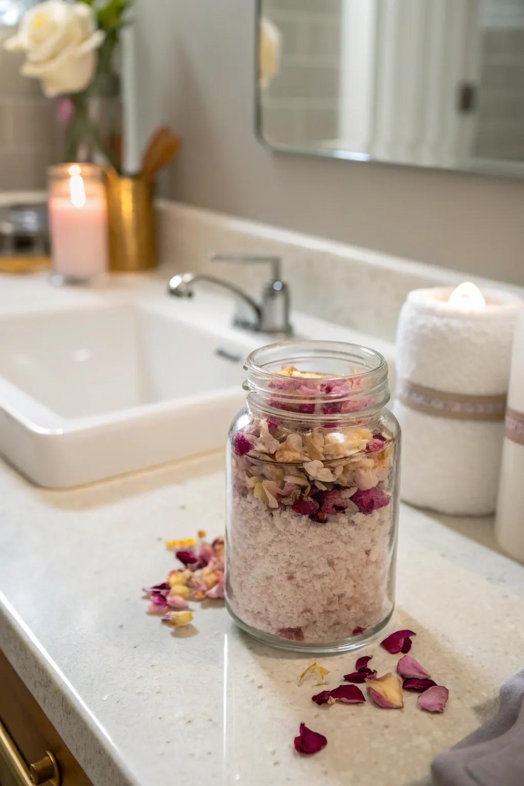 A glass jar filled with dried flower petals and bath salts from a wedding bouquet, adding elegance to a bathroom counter.