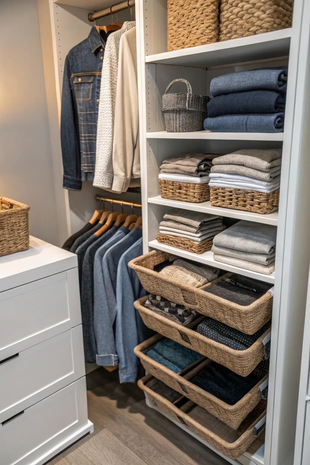 Slide-out baskets keep clothing organized and accessible.