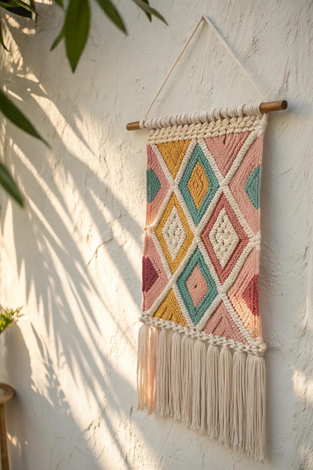 Add a splash of color and elegance to your space with this handcrafted fabric wall hanging, where minimalist simplicity meets Boho flair.