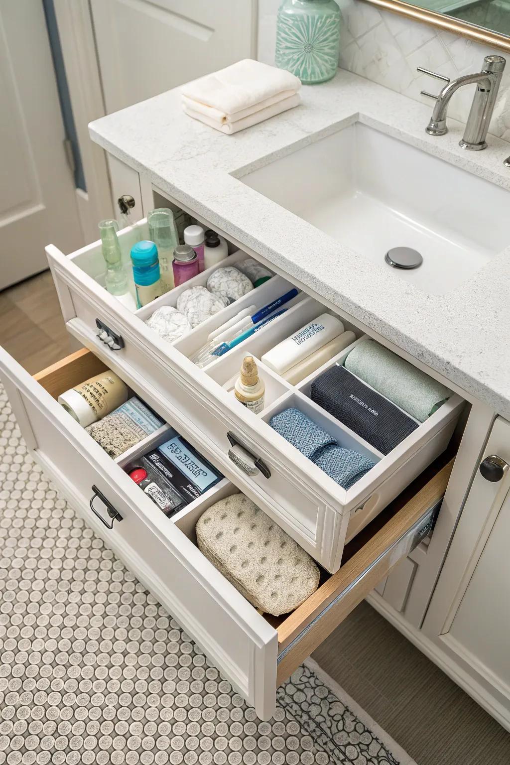 A bathroom drawer equipped with slide-out inserts for maximizing accessibility.