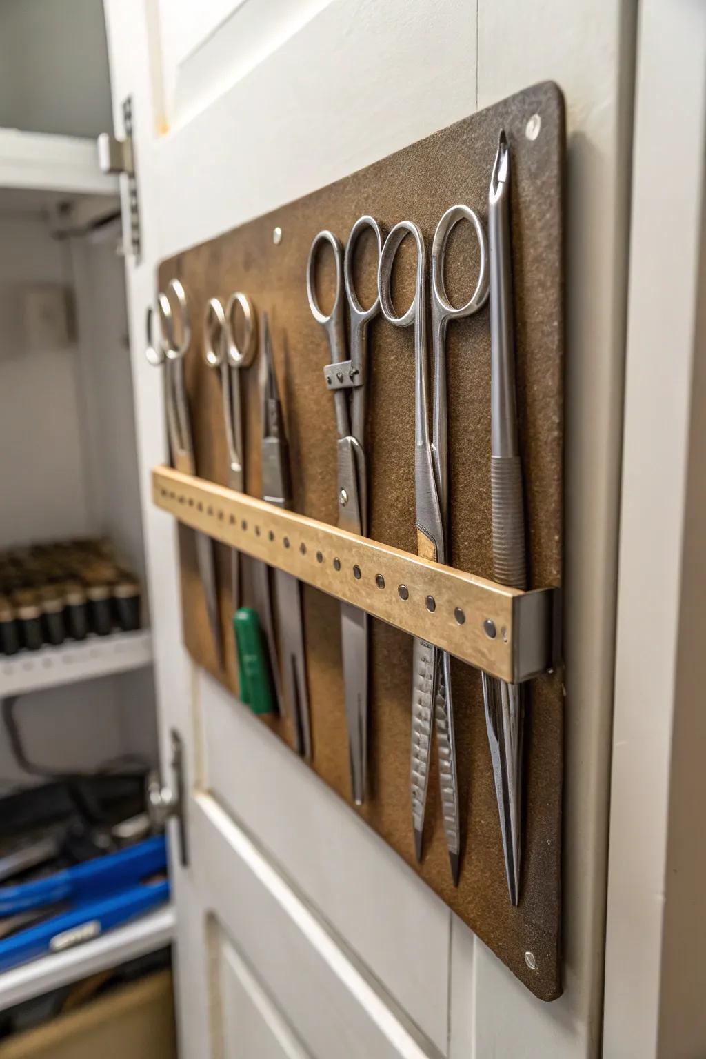 A magnetic strip keeps small tools organized and accessible.