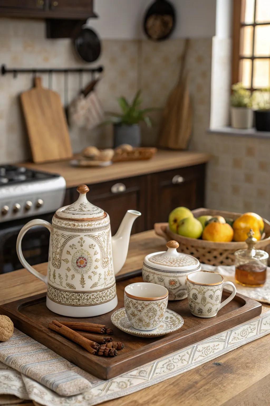 An artisan tea set enhances the tea-drinking experience.