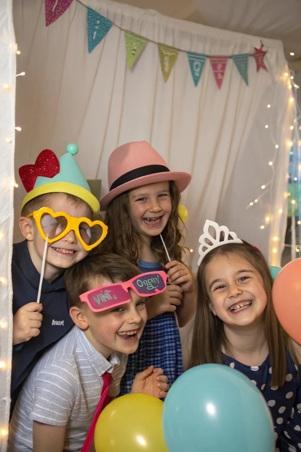 A lively DIY photo booth capturing fun moments at the party.