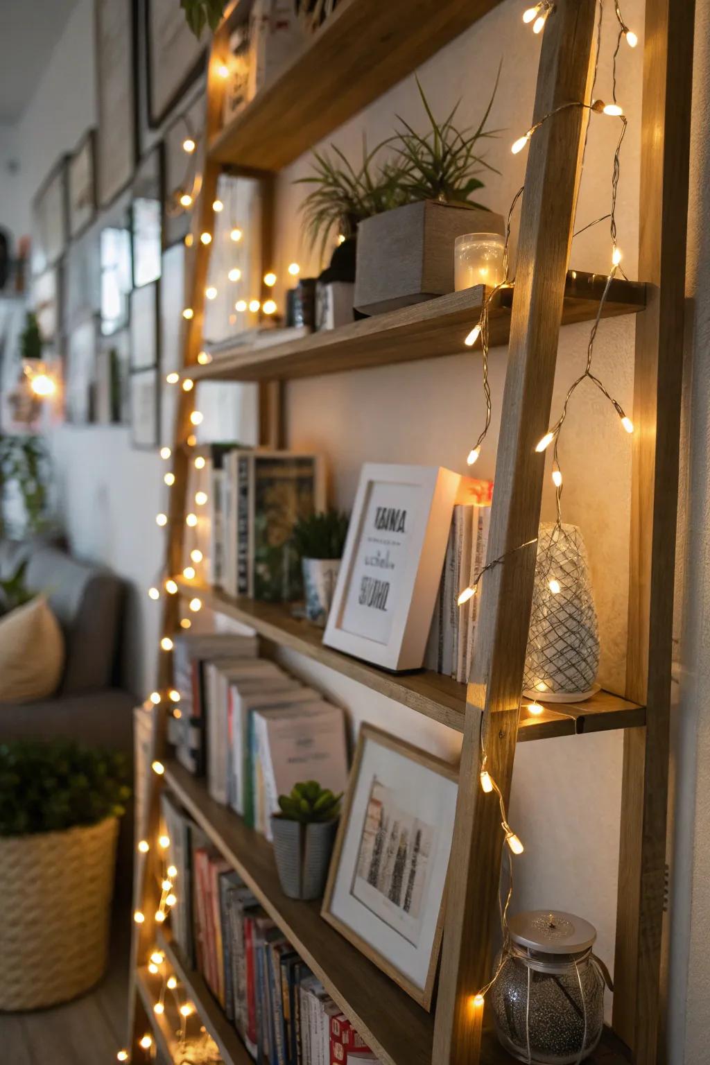 Highlight your bookshelf with string lights for extra charm.