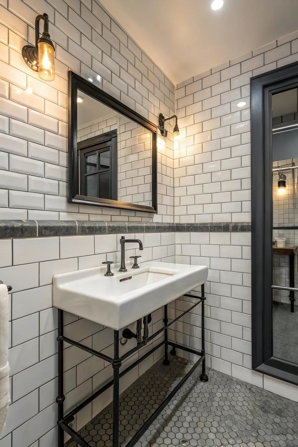 Classic subway tiles add urban sophistication to this industrial bathroom.