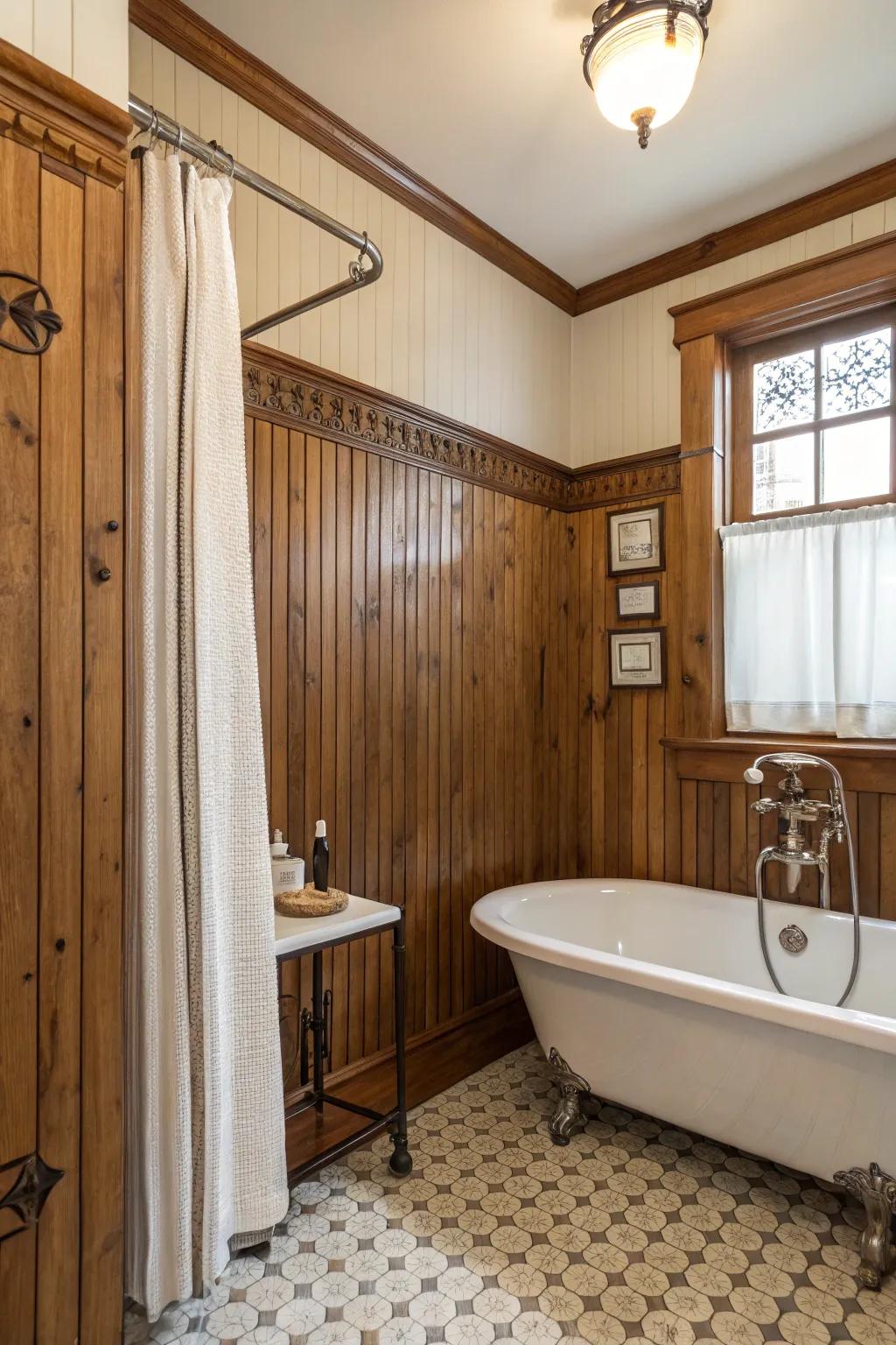 Beadboard wainscoting adds classic elegance to your shower walls.