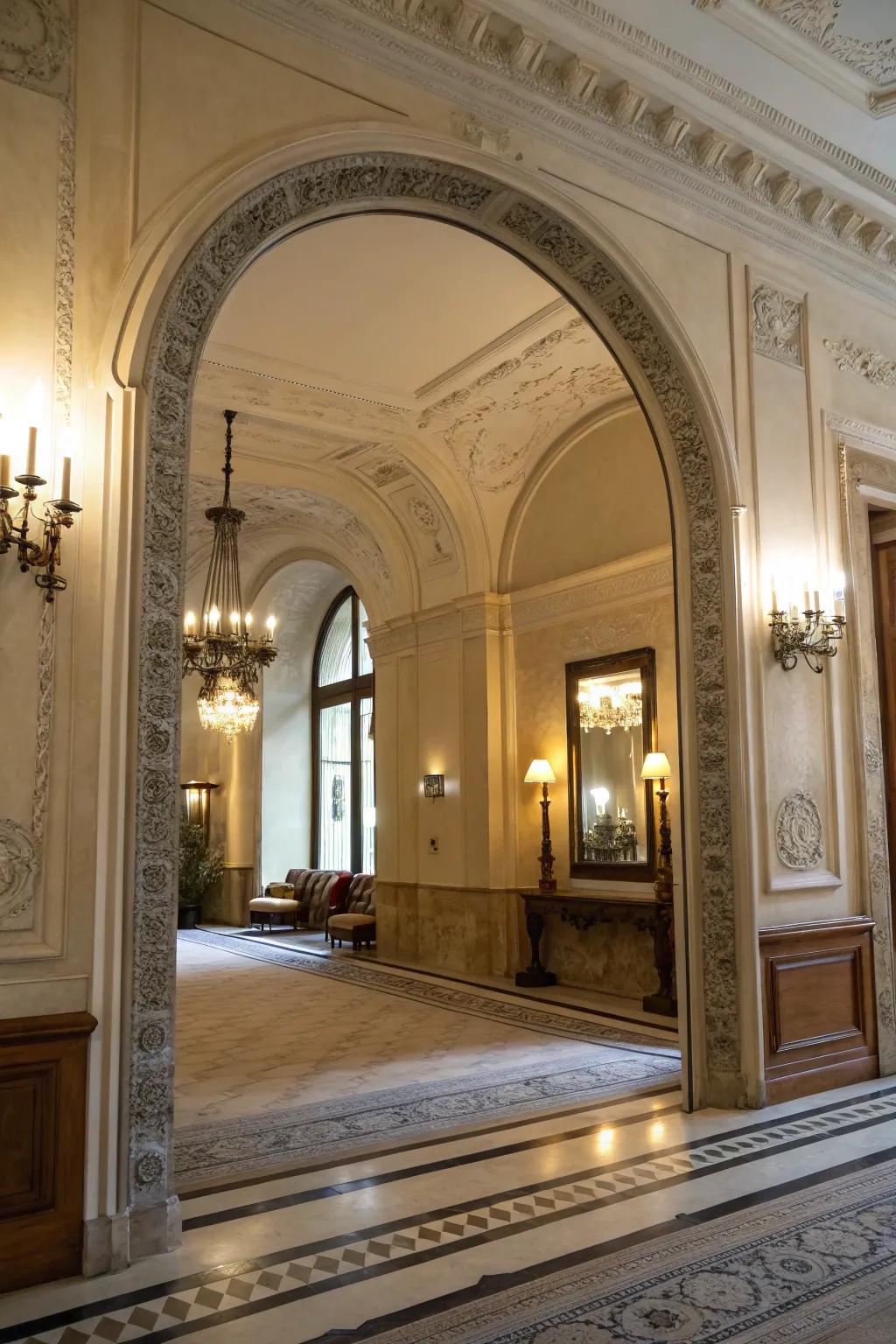 A large mirror installed in an archway that amplifies light and space.