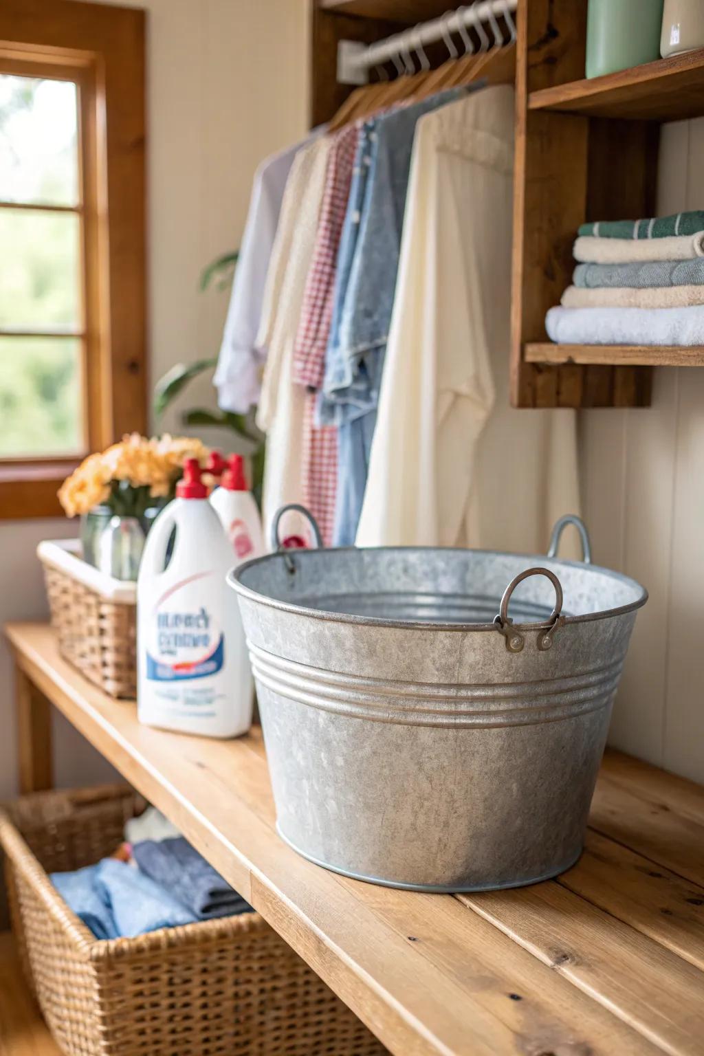 A galvanized bucket adds vintage flair to laundry storage.