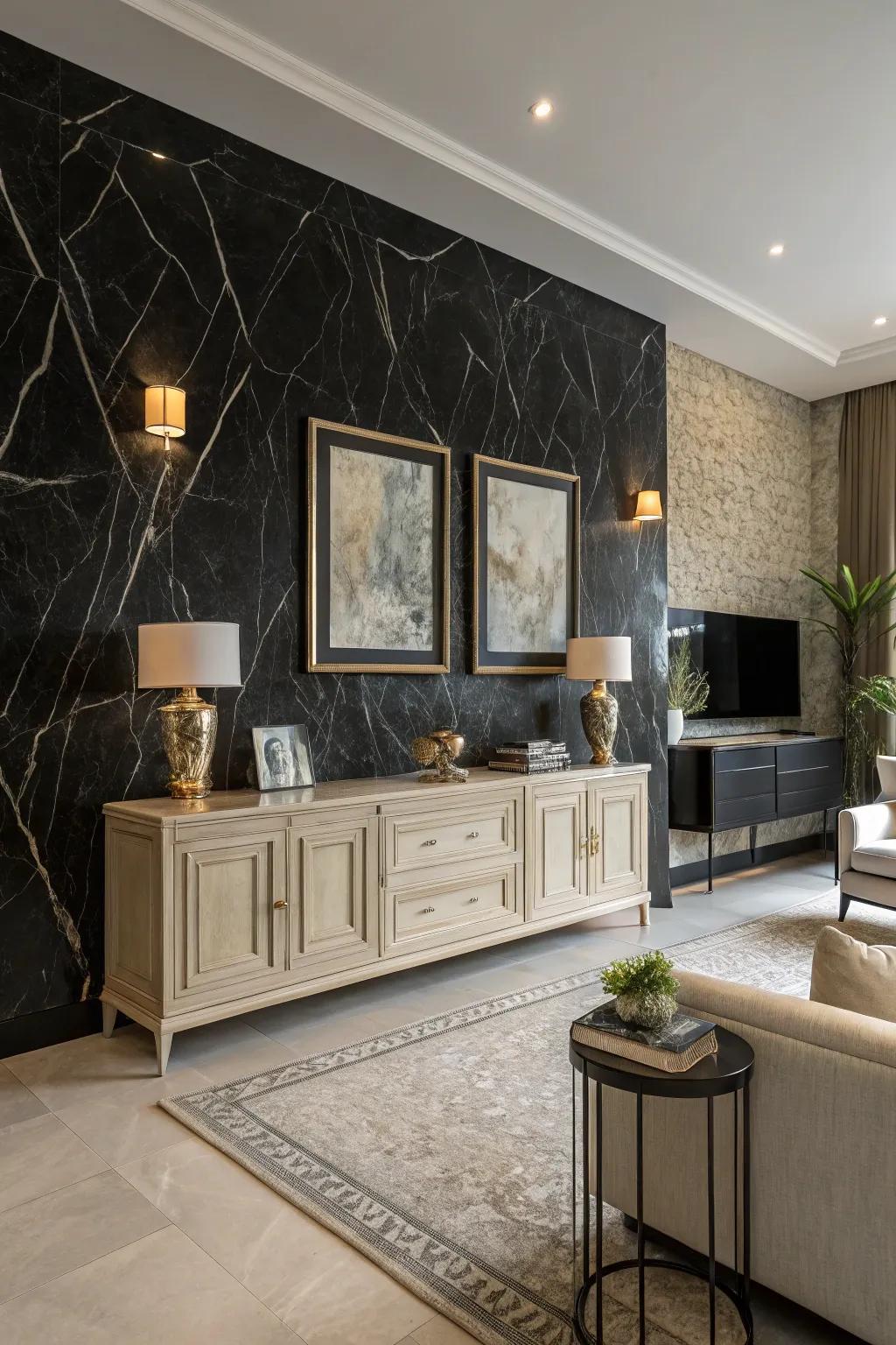 Sophisticated drama with a black stone wall.