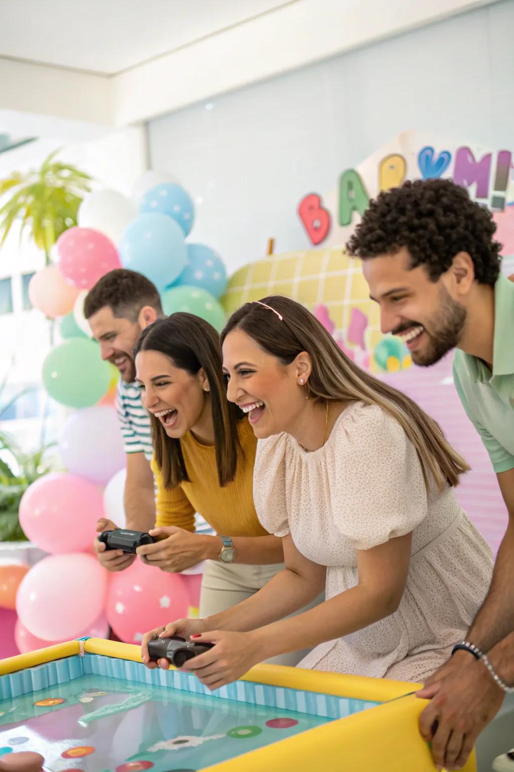 Guests enjoying interactive baby shower games