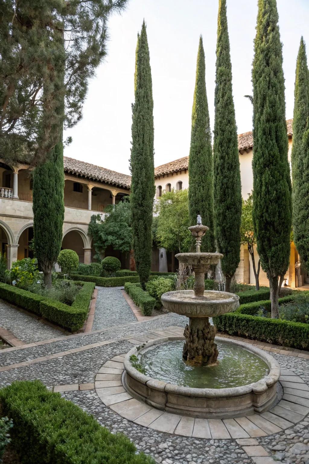 Italian cypresses bring elegance and serenity to any courtyard.