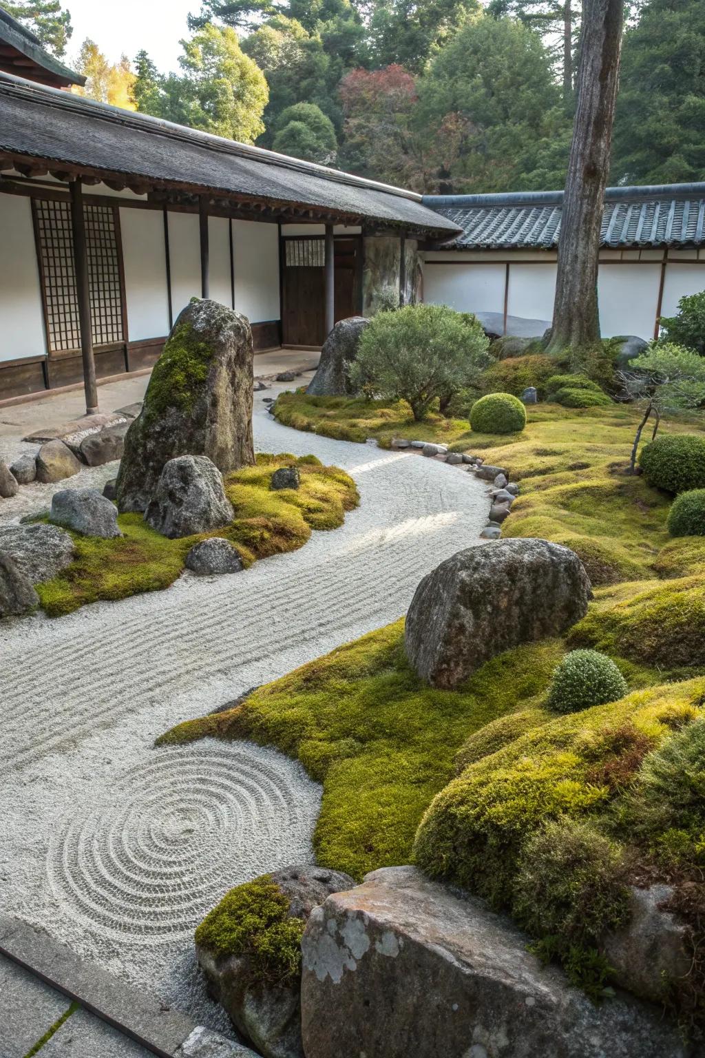 Moss-covered stones adding texture to the zen garden.