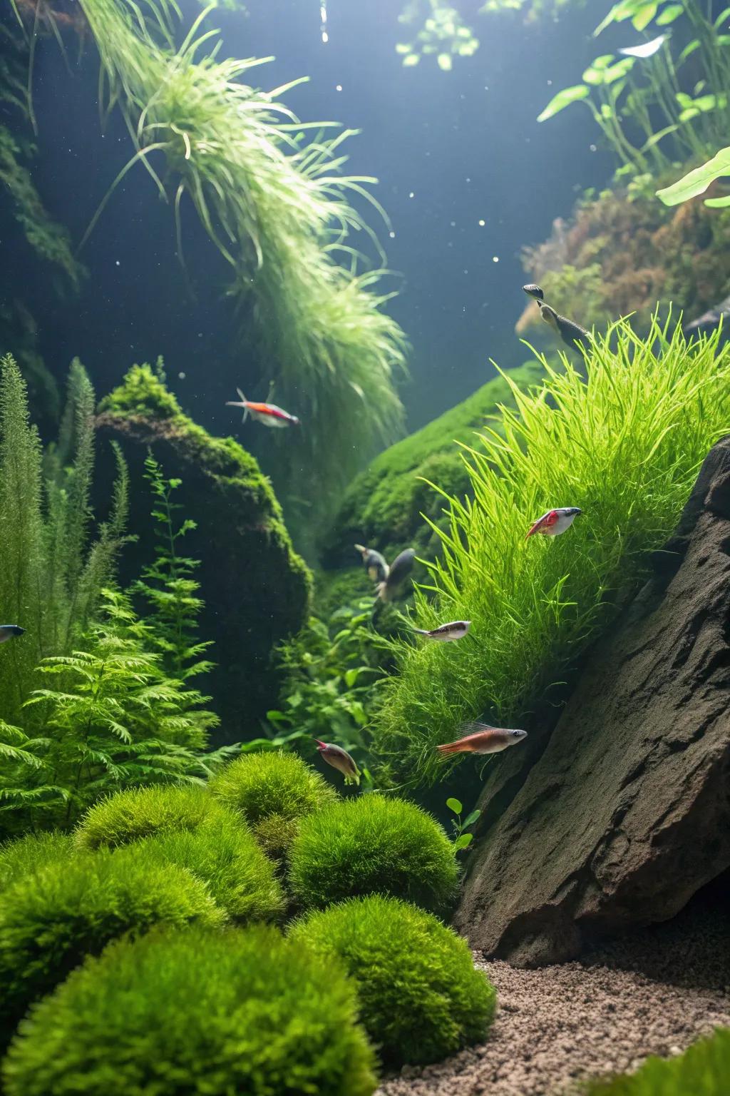 A vibrant aquarium background crafted with java moss, enhancing its natural beauty.