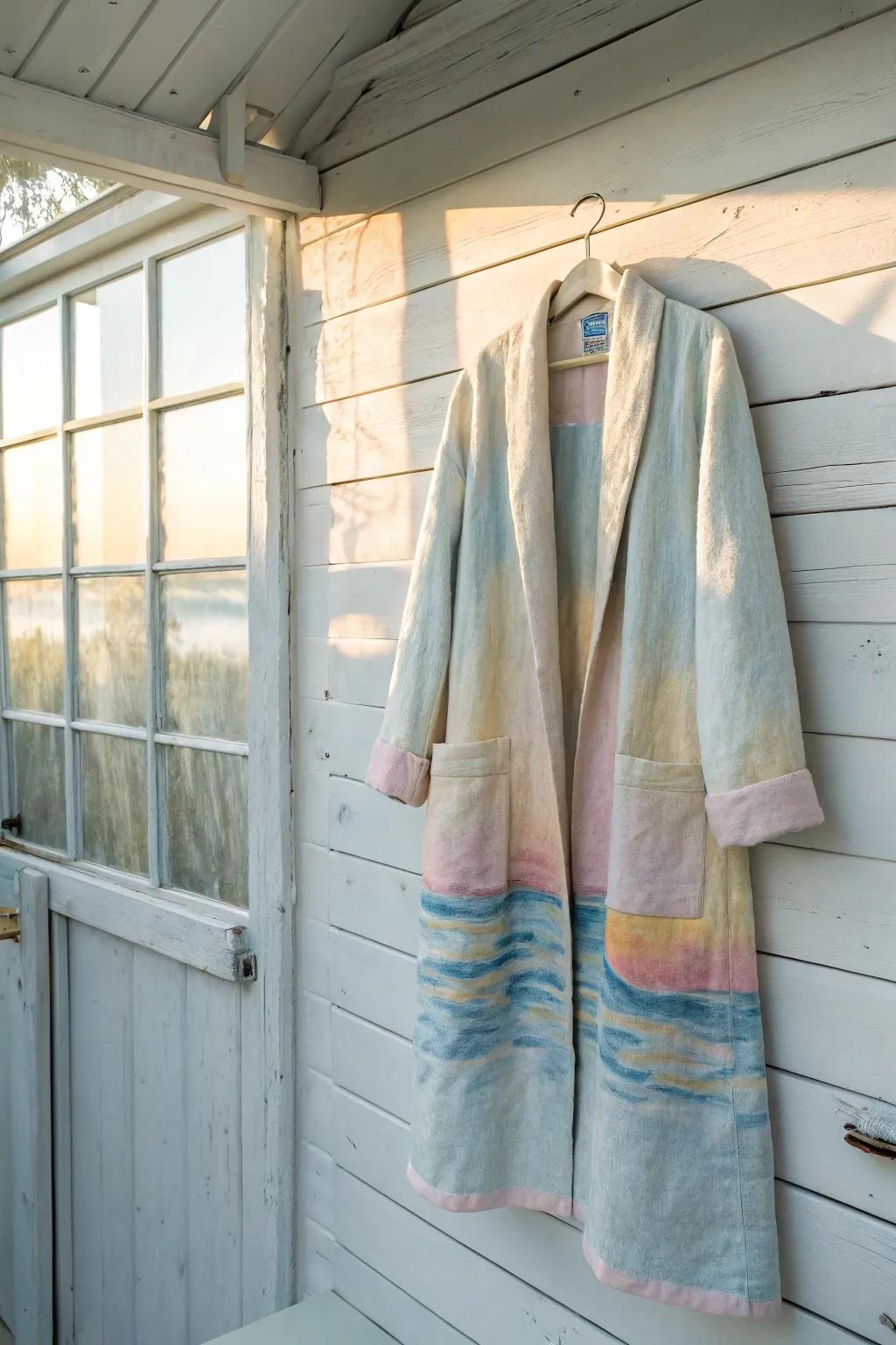 Embrace the art of simplicity and color with a watercolor-inspired coat that speaks to your creative soul.