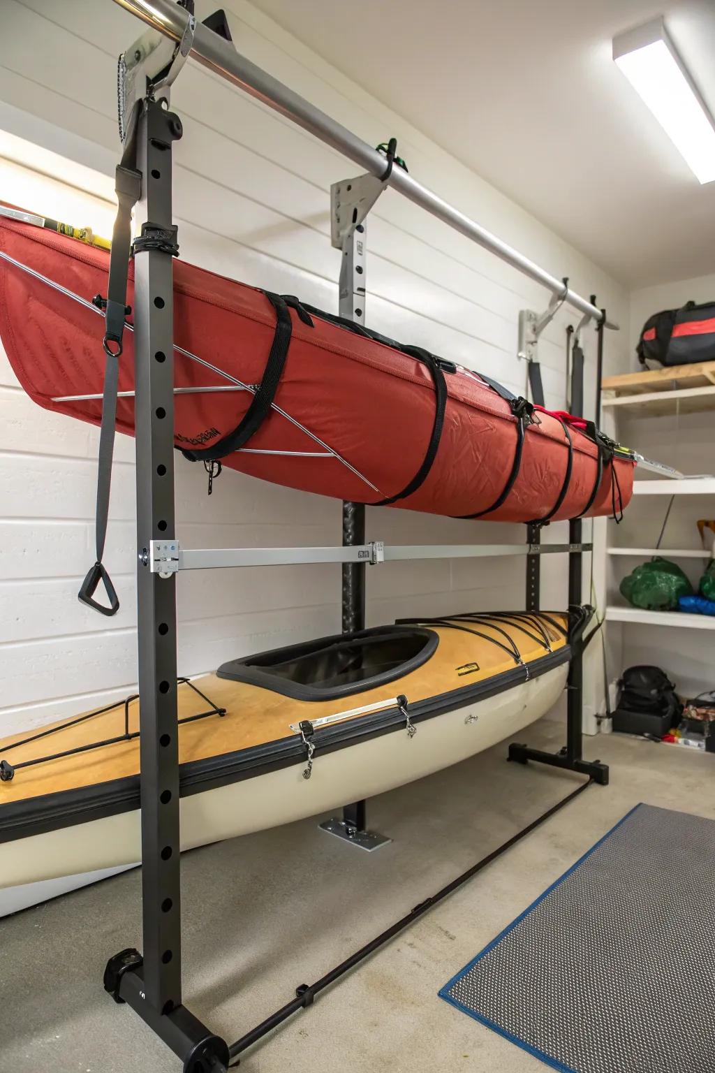 Protective indoor kayak storage with padded arms.