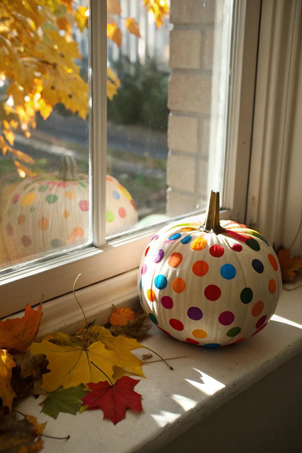 Polka dots bring a pop of color to this playful pumpkin.