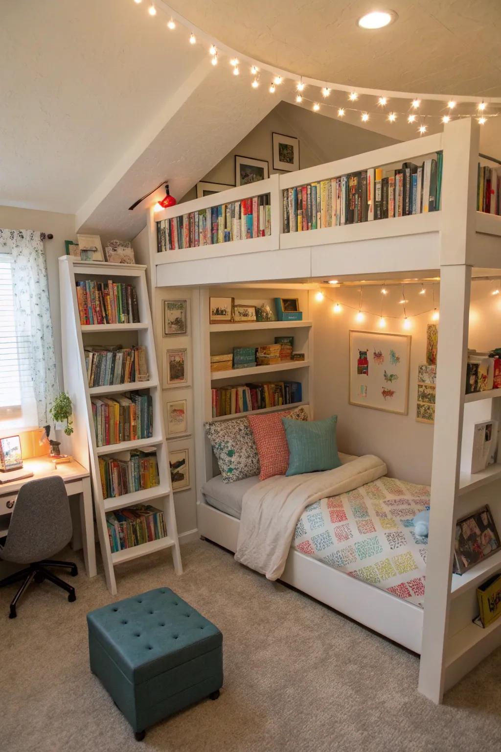 A cozy library loft perfect for young readers to escape into their favorite stories.