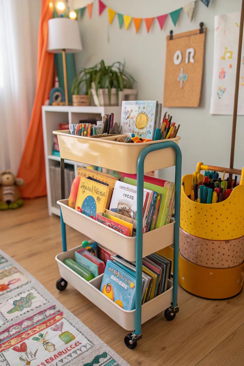 A mobile cart offers flexible book storage and accessibility.