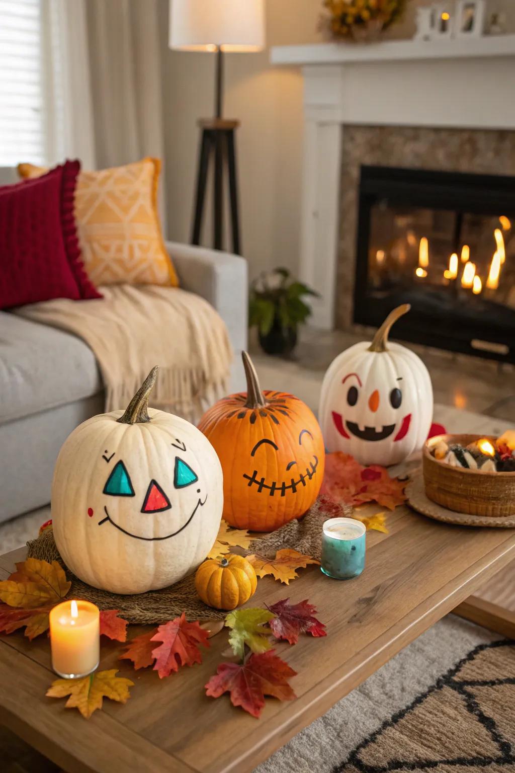 Pumpkins with clay faces, each showcasing a unique personality and charm.