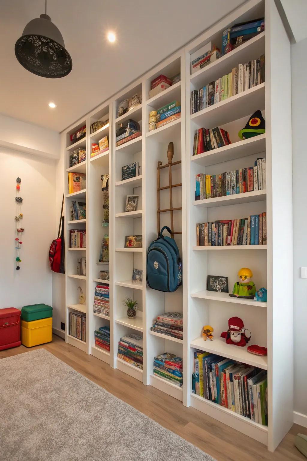 Vertical storage maximizes space in smaller kids rooms.