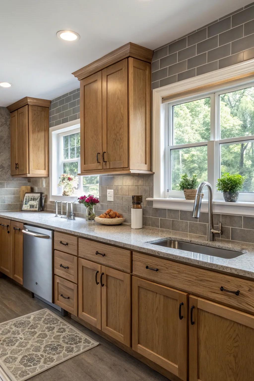 Soft gray tiles providing a subtle complement to oak cabinets.