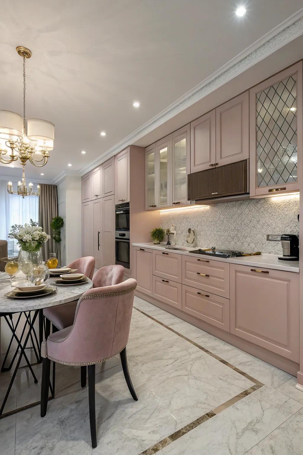 Blush pink cabinets add a soft and romantic feel to the kitchen.