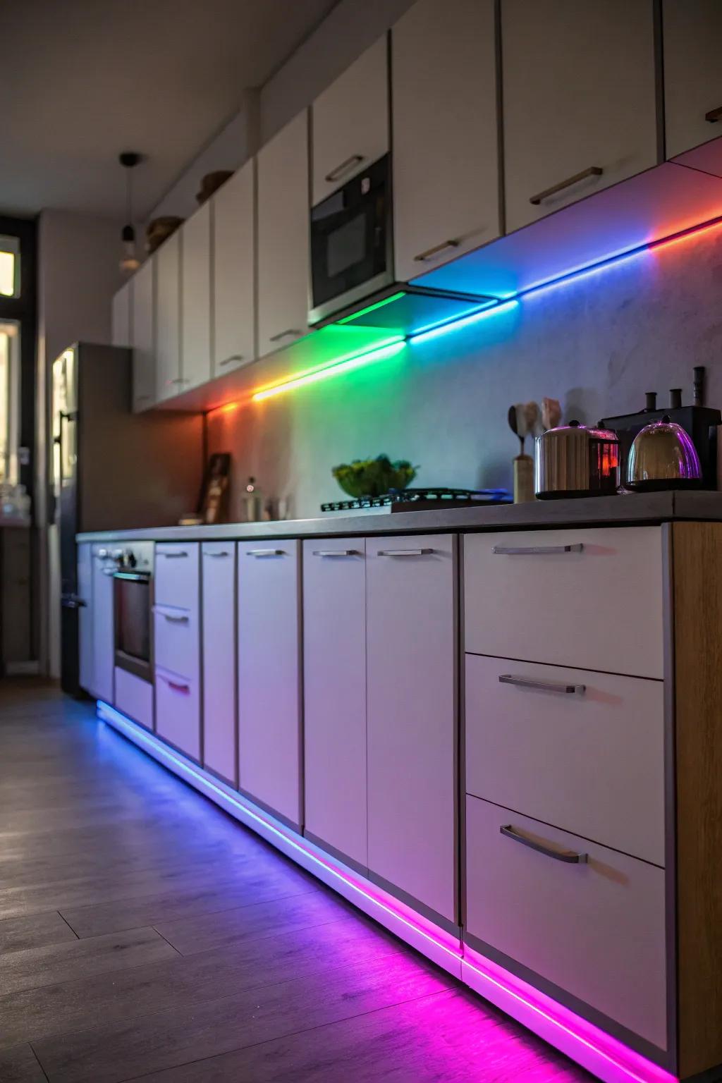 Color-changing LED lights add a playful and festive touch to kitchen cabinets.