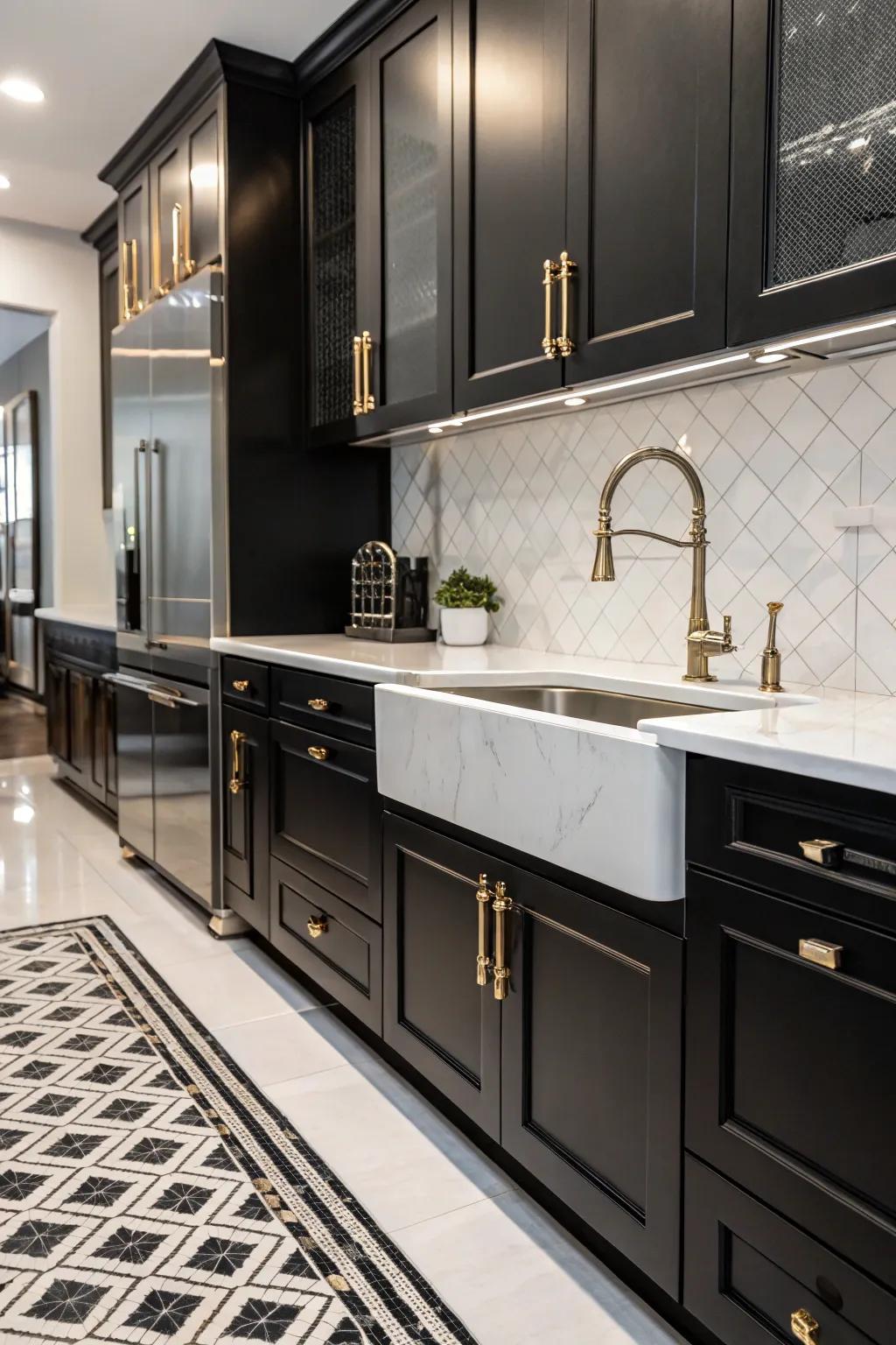 A sophisticated black and white kitchen with a touch of metallic shine.