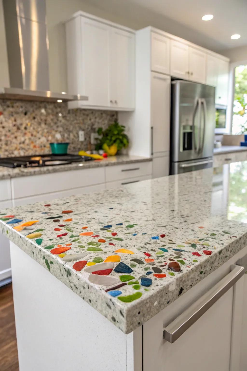 Recycled glass countertops offer eco-friendly style with unique visual appeal.