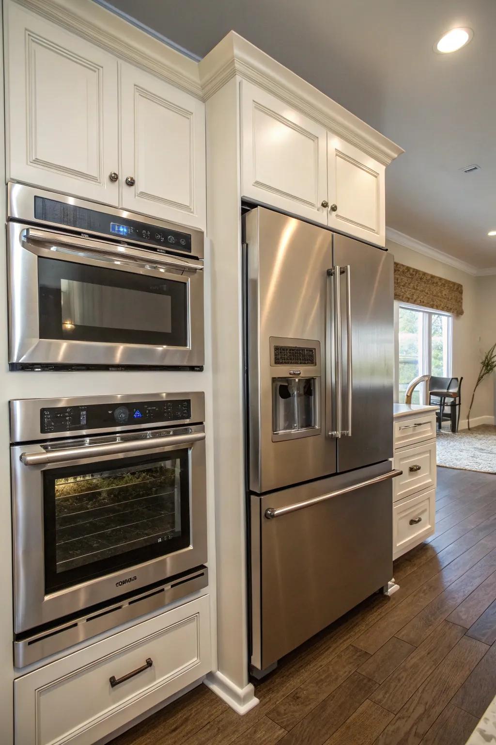 Double ovens and refrigerator side by side for an efficient kitchen flow.