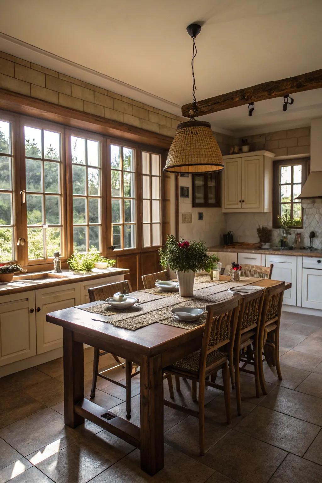 A central dining table that offers both dining and prep space.