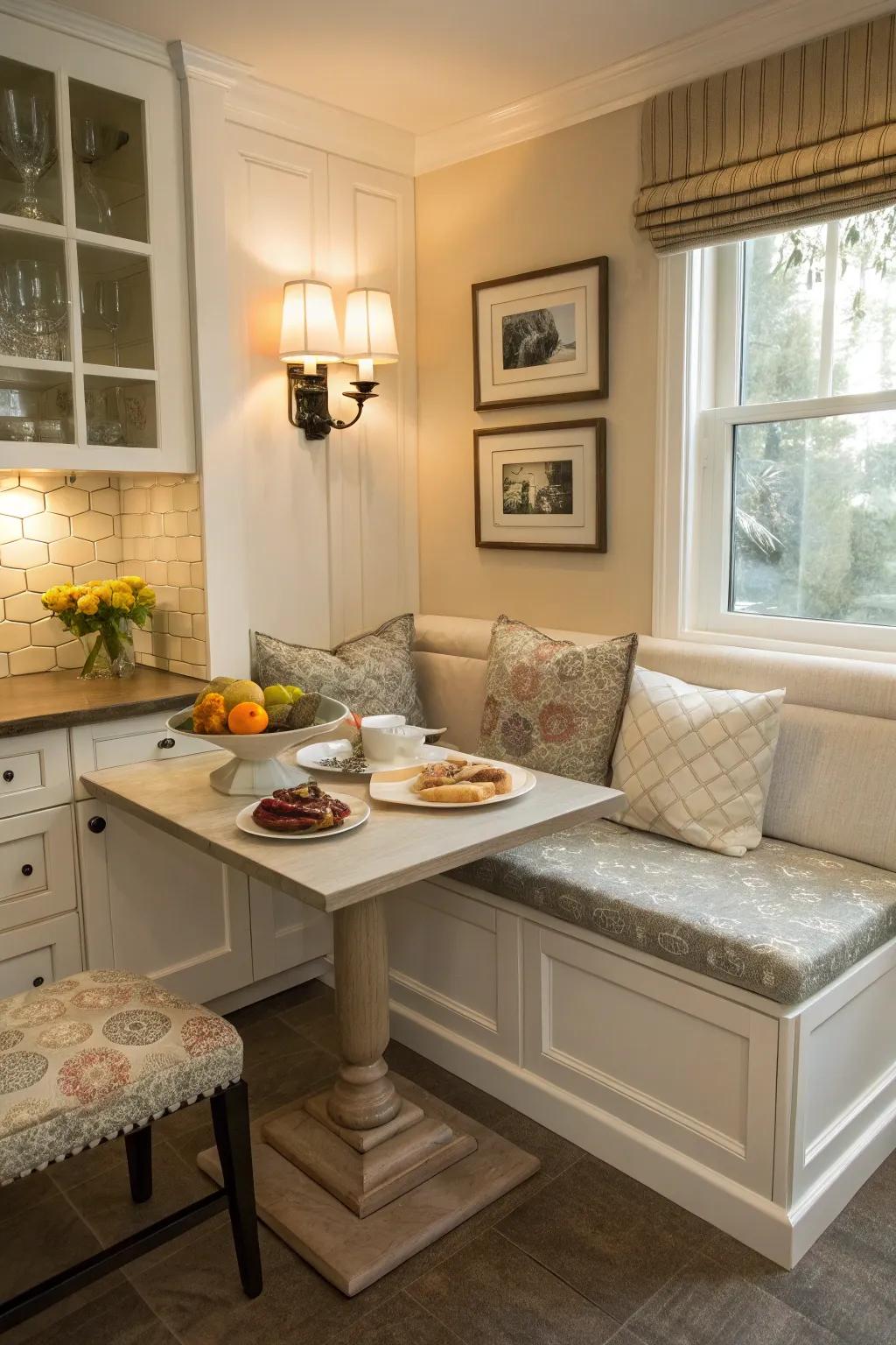 A breakfast nook offers a cozy spot for casual dining.