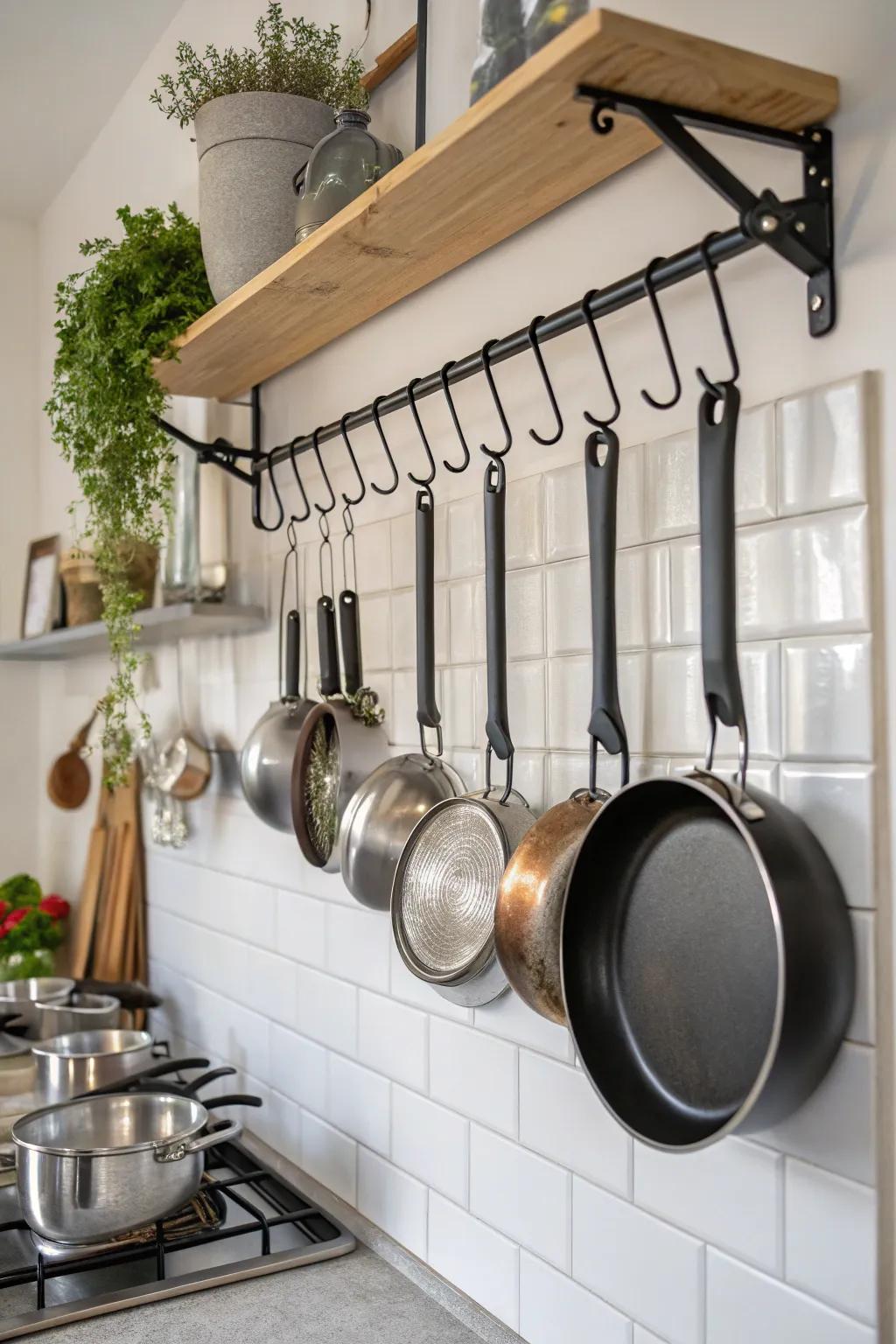 Hanging pots and pans free up cabinet space and add a chic look.