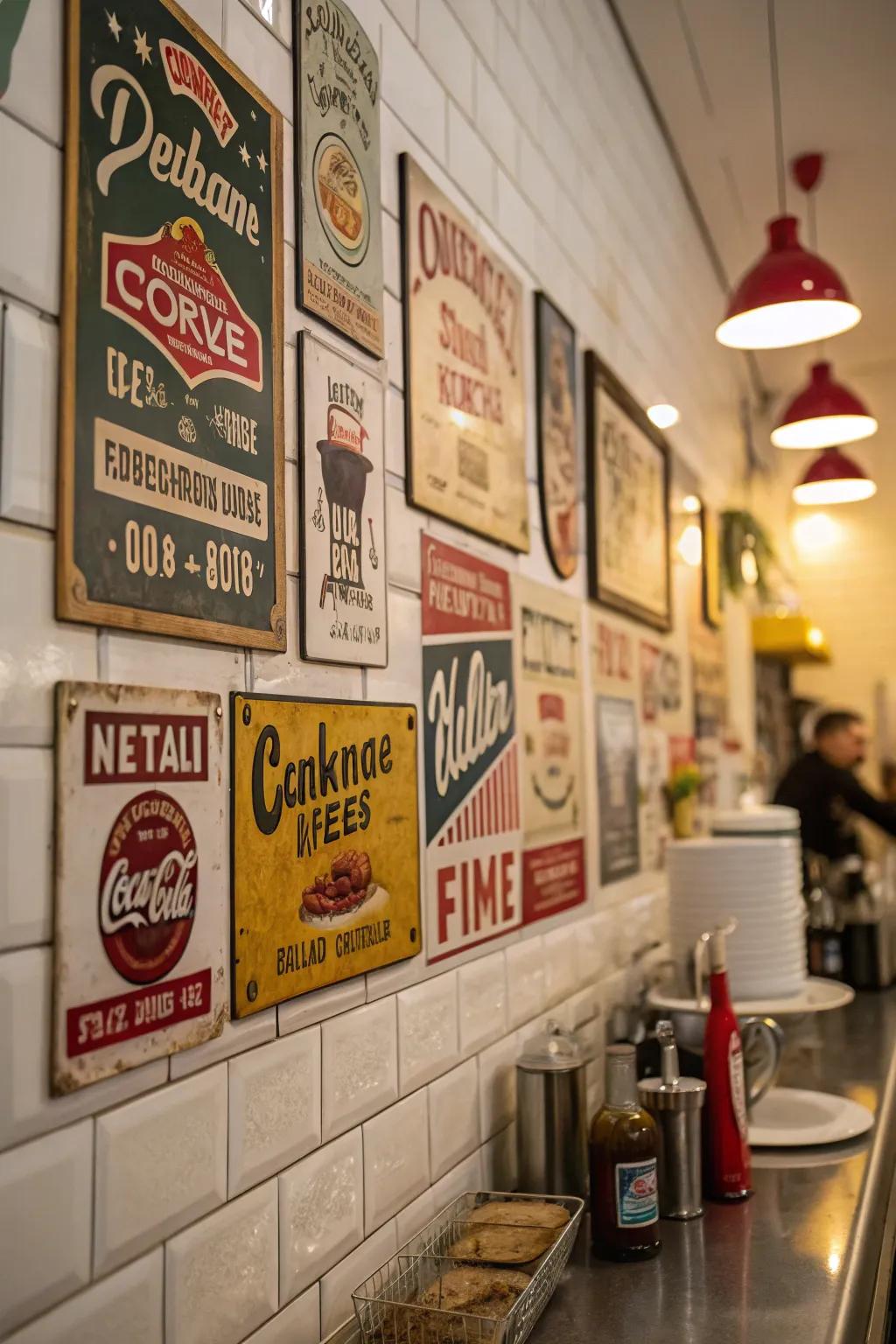 Vintage signage brings a nostalgic charm to the kitchen.