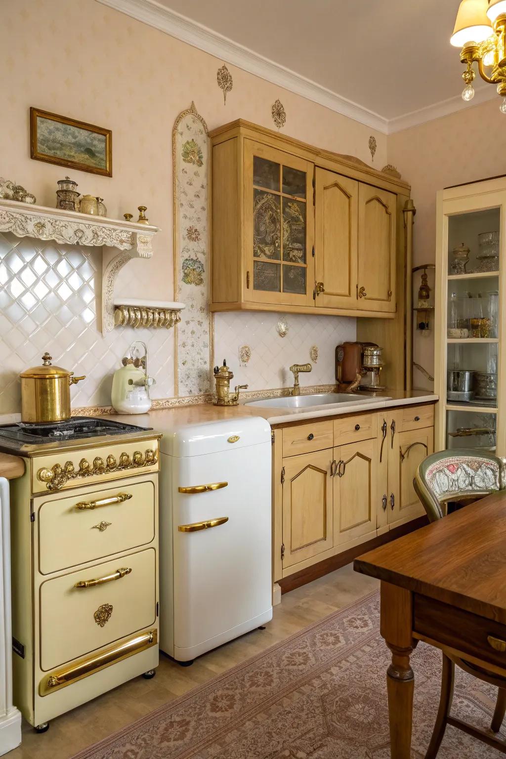 Antique gold hardware adds vintage charm and character to classic kitchen designs.