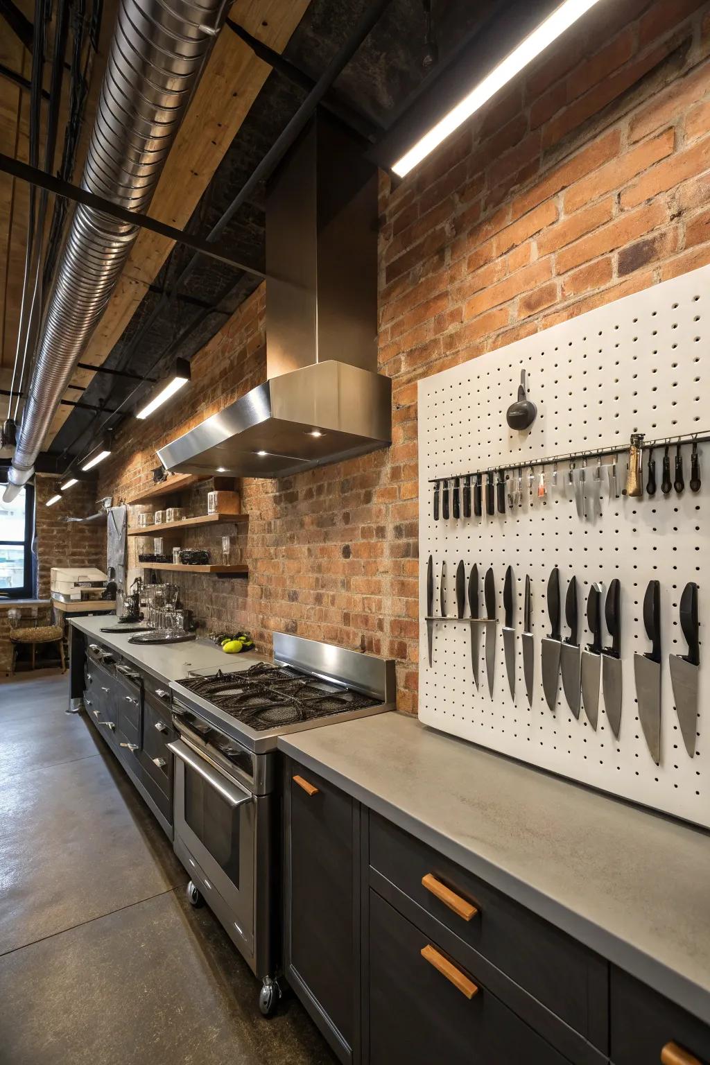 A pegboard backdrop combining functionality with industrial style.