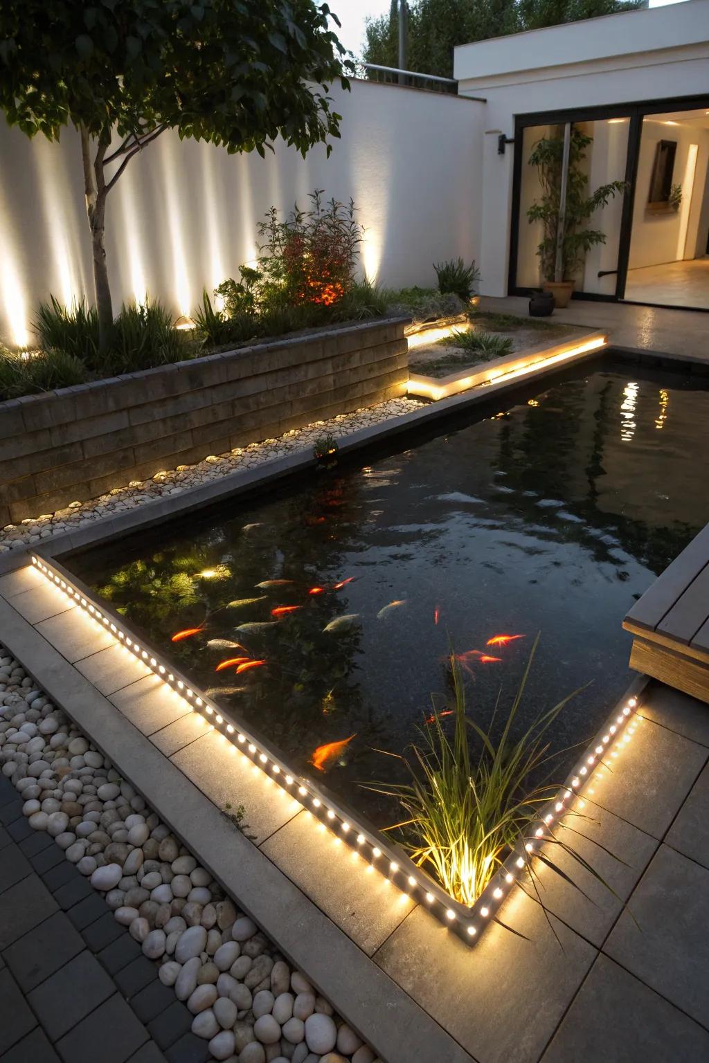 LED strip lights offer a minimalist and modern edge to the pond's design.