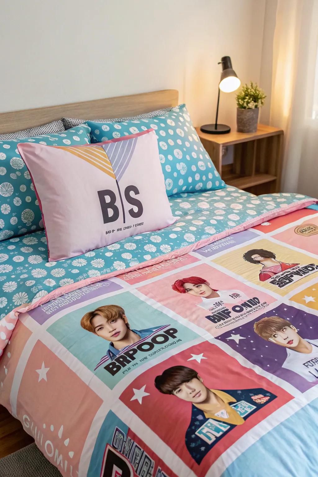 Themed bedding adds comfort and style to your Kpop room.